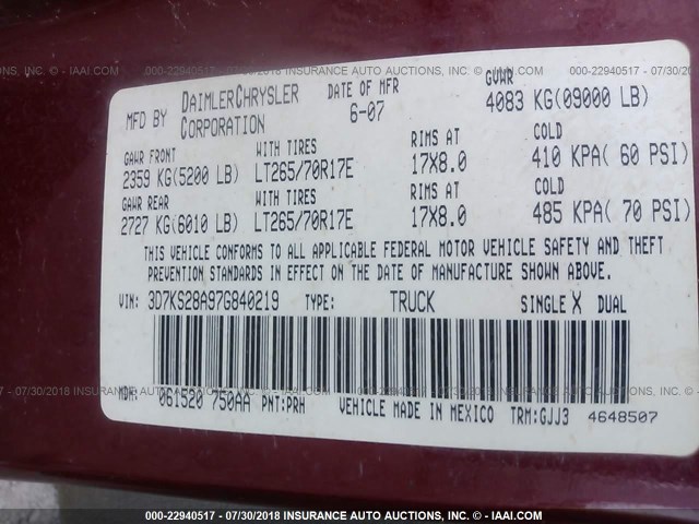 3D7KS28A97G840219 - 2007 DODGE RAM 2500 ST/SLT 红色 照片 9