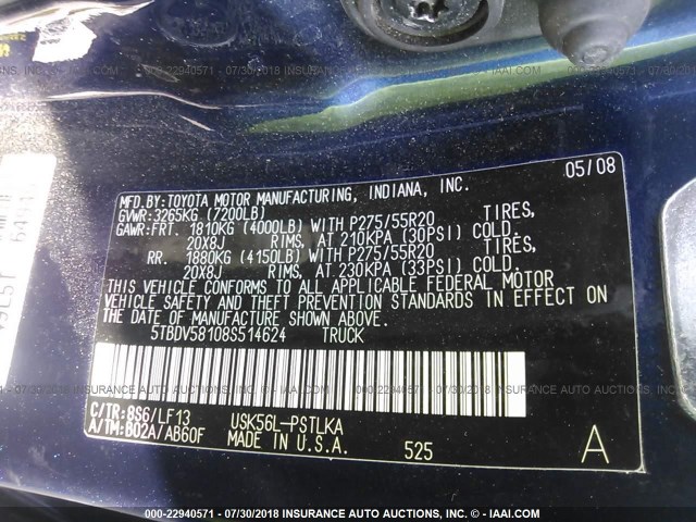 5TBDV58108S514624 - 2008 TOYOTA TUNDRA CREWMAX LIMITED BLUE photo 9