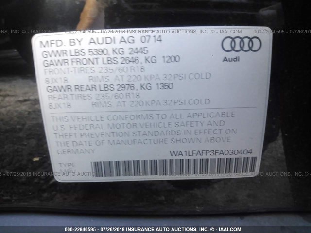 WA1LFAFP3FA030404 - 2015 AUDI Q5 PREMIUM PLUS BLACK photo 9