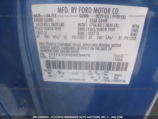 1FTFX1CF0DKE64878 - 2013 FORD F150 SUPER CAB BLUE photo 9