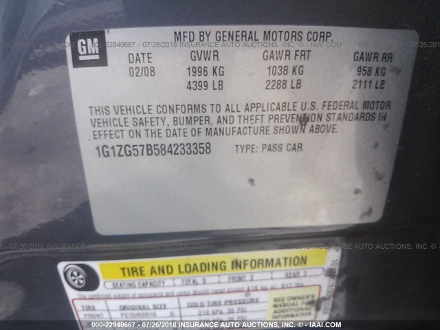 1G1ZG57B584233358 - 2008 CHEVROLET MALIBU LS GRAY photo 9