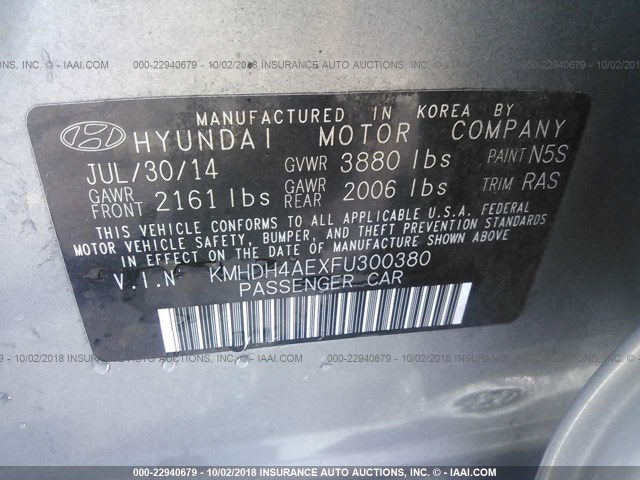 KMHDH4AEXFU300380 - 2015 HYUNDAI ELANTRA SE/SPORT/LIMITED GRAY photo 9