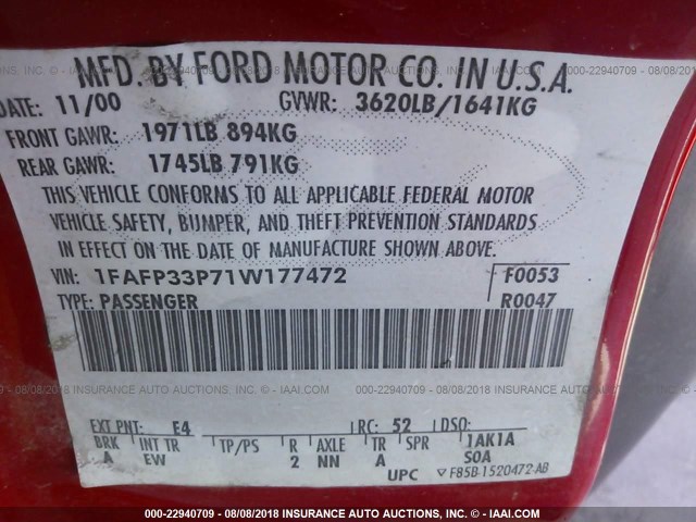 1FAFP33P71W177472 - 2001 FORD FOCUS LX RED photo 9