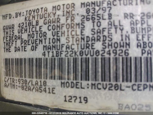 4T1BF22K0VU024926 - 1997 TOYOTA CAMRY CE/LE/XLE 灰色 照片 9