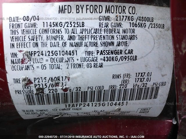 1FAFP24125G104451 - 2005 FORD FIVE HUNDRED SEL RED photo 9