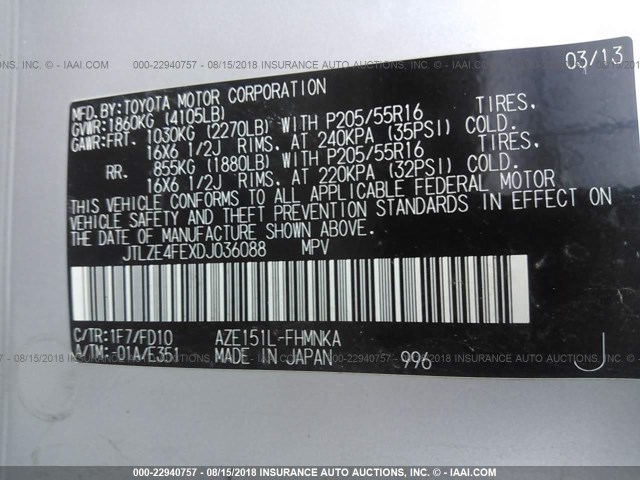 JTLZE4FEXDJ036088 - 2013 TOYOTA SCION XB Plata foto 9