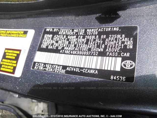 4T1BE46K99U897752 - 2009 TOYOTA CAMRY SE/LE/XLE GRAY photo 9