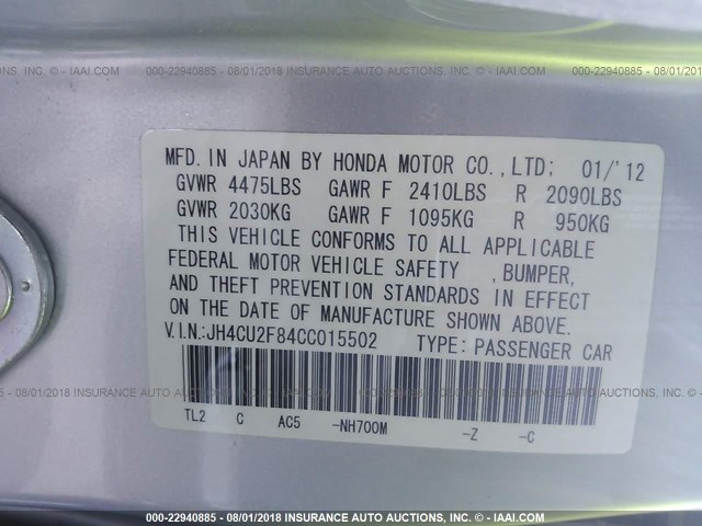 JH4CU2F84CC015502 - 2012 ACURA TSX SE SILVER photo 9