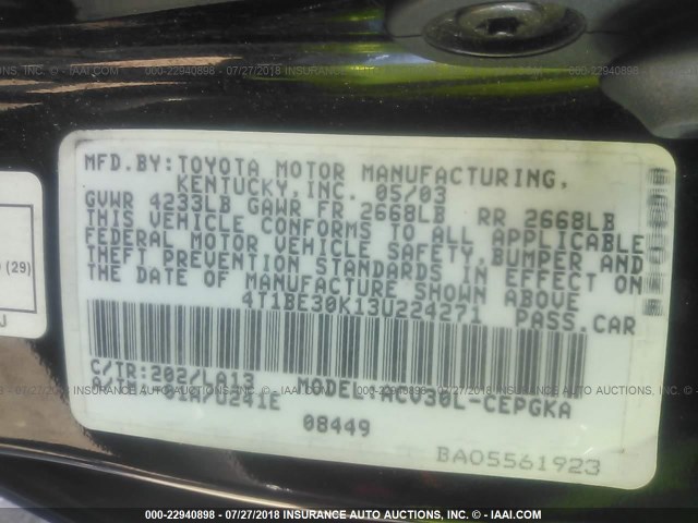 4T1BE30K13U224271 - 2003 TOYOTA CAMRY LE/XLE/SE 黑色 照片 9