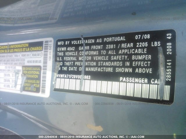 WVWFA71F29V005963 - 2009 VOLKSWAGEN EOS LUX 蓝色 照片 9