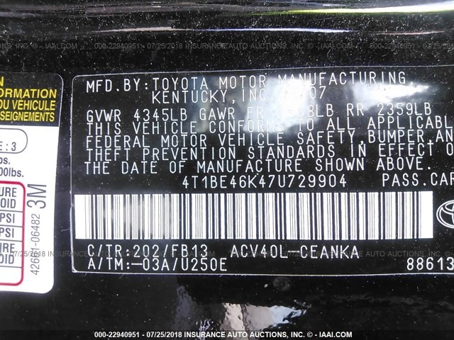4T1BE46K47U729904 - 2007 TOYOTA CAMRY NEW GENERAT CE/LE/XLE/SE BLACK photo 9