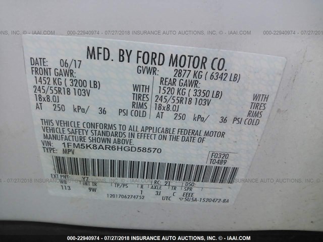 1FM5K8AR6HGD58570 - 2017 FORD EXPLORER POLICE INTERCEPTOR WHITE photo 9