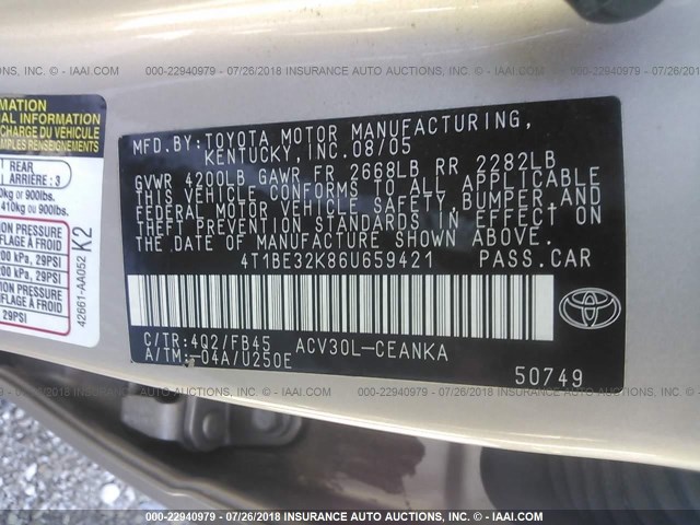 4T1BE32K86U659421 - 2006 TOYOTA CAMRY LE/XLE/SE Шампан түсті фото 9