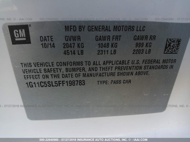 1G11C5SL5FF198783 - 2015 CHEVROLET MALIBU 1LT WHITE photo 9