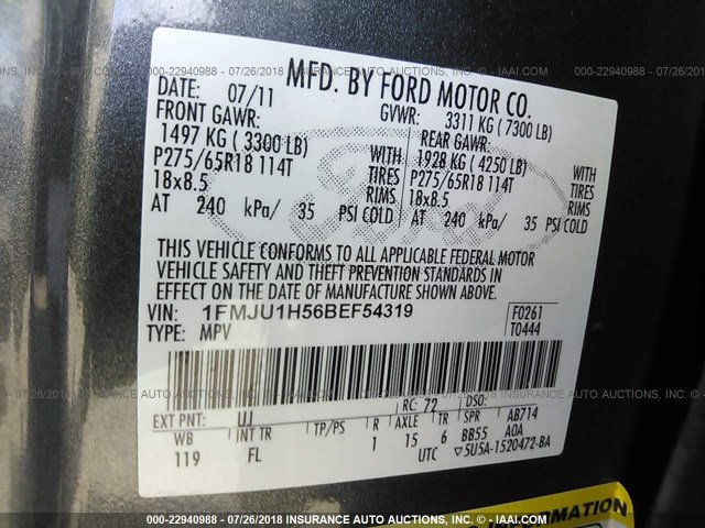 1FMJU1H56BEF54319 - 2011 FORD EXPEDITION XLT/KING RANCH GRAY photo 9