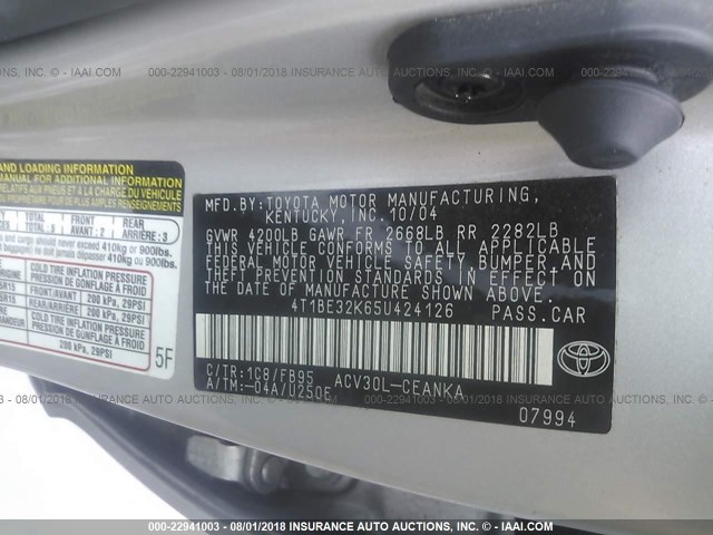 4T1BE32K65U424126 - 2005 TOYOTA CAMRY LE/XLE/SE 灰色 照片 9
