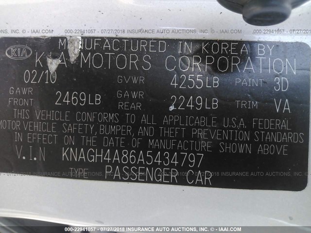 KNAGH4A86A5434797 - 2010 KIA OPTIMA EX/SX GRAY photo 9