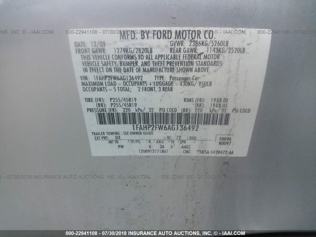 1FAHP2FW6AG136492 - 2010 FORD TAURUS LIMITED 银色 照片 9