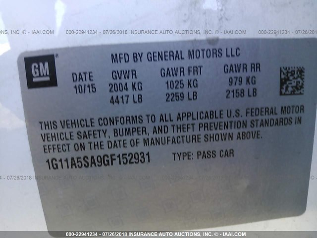 1G11A5SA9GF152931 - 2016 CHEVROLET MALIBU LIMITED LS WHITE photo 9