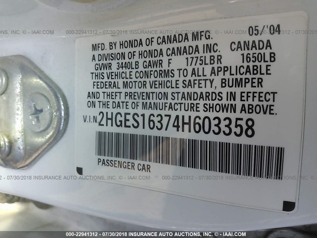 2HGES16374H603358 - 2004 HONDA CIVIC DX VP Ağ foto 9