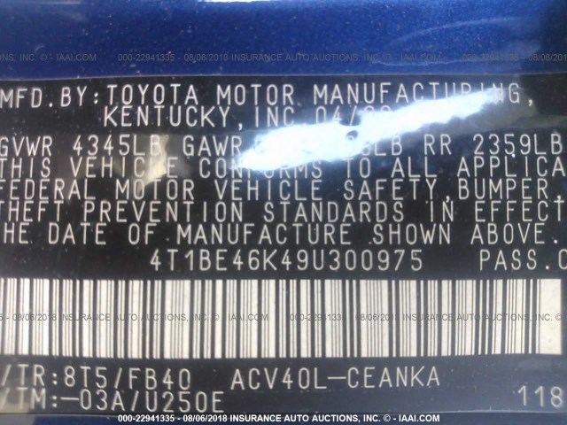 4T1BE46K49U300975 - 2009 TOYOTA CAMRY SE/LE/XLE BLUE photo 9