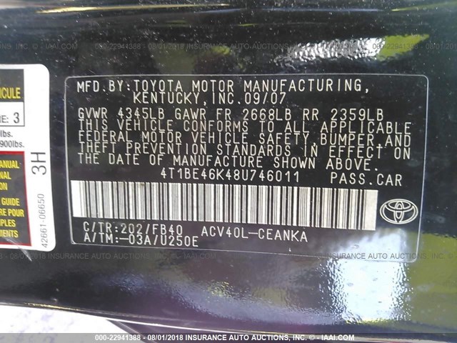 4T1BE46K48U746011 - 2008 TOYOTA CAMRY CE/LE/XLE/SE BLACK photo 9
