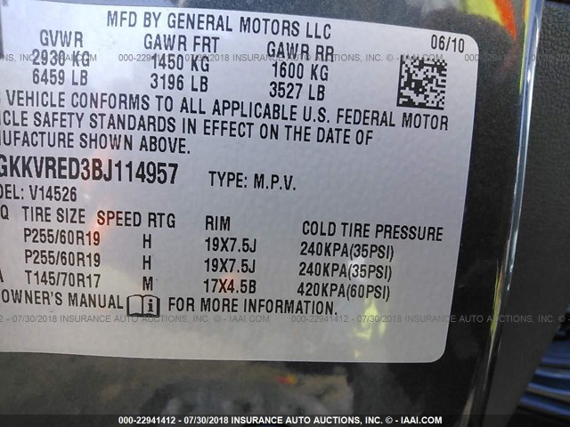 1GKKVRED3BJ114957 - 2011 GMC ACADIA SLT-1 Gris photo 9