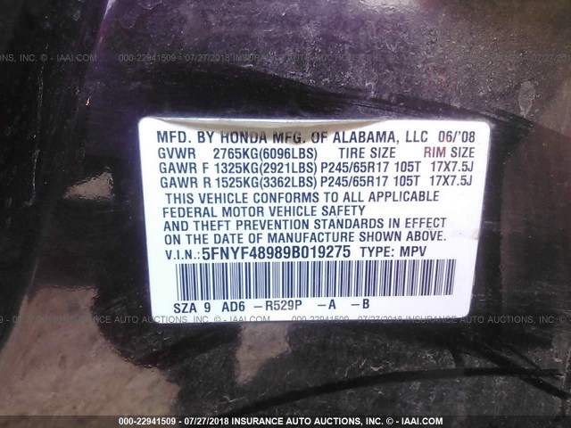 5FNYF48989B019275 - 2009 HONDA PILOT TOURING BURGUNDY photo 9