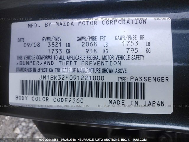 JM1BK32F091221000 - 2009 MAZDA 3 I GRAY photo 9