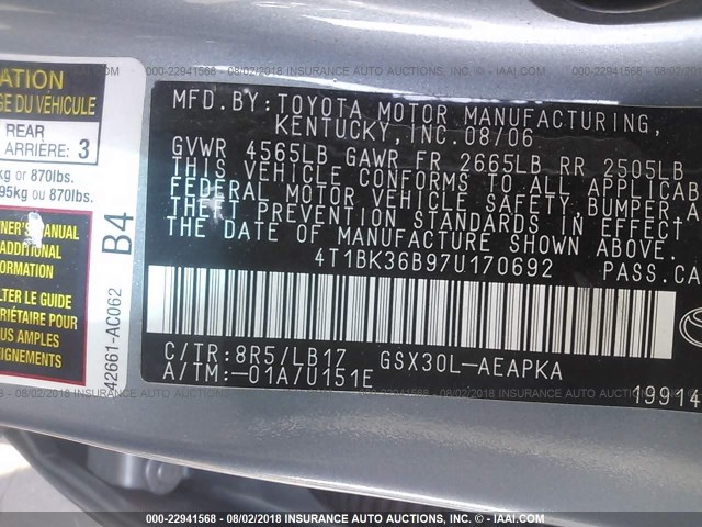 4T1BK36B97U170692 - 2007 TOYOTA AVALON XL/XLS/TOURING/LIMITED Light Blue photo 9