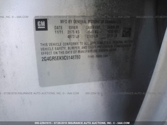 2G4GR5EK9C9148780 - 2012 BUICK REGAL 银色 照片 9