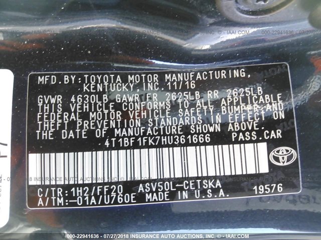 4T1BF1FK7HU361666 - 2017 TOYOTA CAMRY LE/XLE/SE/XSE 深蓝色 照片 9