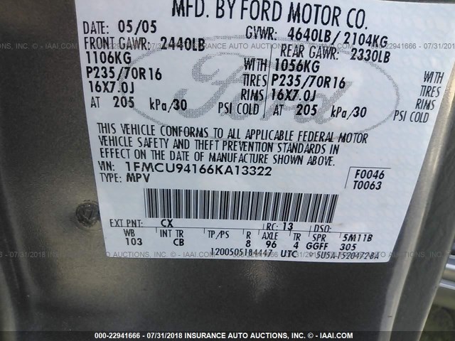 1FMCU94166KA13322 - 2006 FORD ESCAPE LIMITED GRAY photo 9