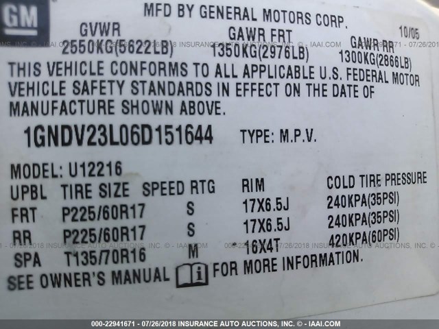 1GNDV23L06D151644 - 2006 CHEVROLET UPLANDER LS WHITE photo 9