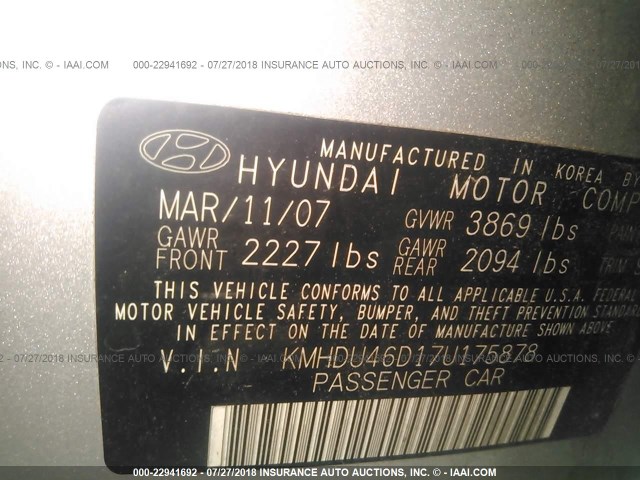 KMHDU46D17U175878 - 2007 HYUNDAI ELANTRA GLS/SE/LIMITED SILVER photo 9