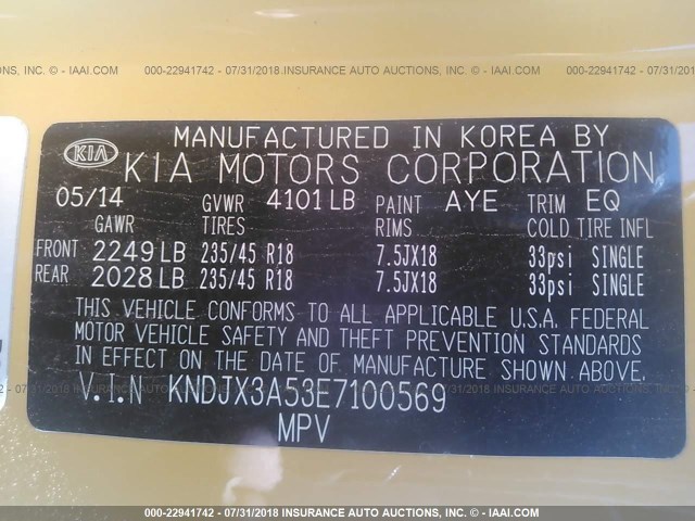 KNDJX3A53E7100569 - 2014 KIA SOUL ! YELLOW photo 9