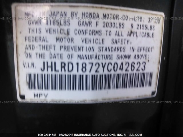 JHLRD1872YC042623 - 2000 HONDA CR-V SE/EX GREEN photo 9