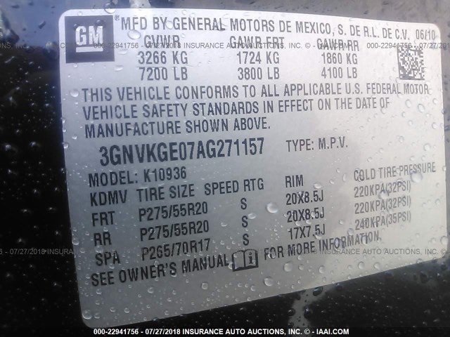 3GNVKGE07AG271157 - 2010 CHEVROLET AVALANCHE LTZ BLACK photo 9