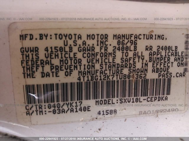 4T1BG12K7TU804362 - 1996 TOYOTA CAMRY DX/LE/XLE WHITE photo 9