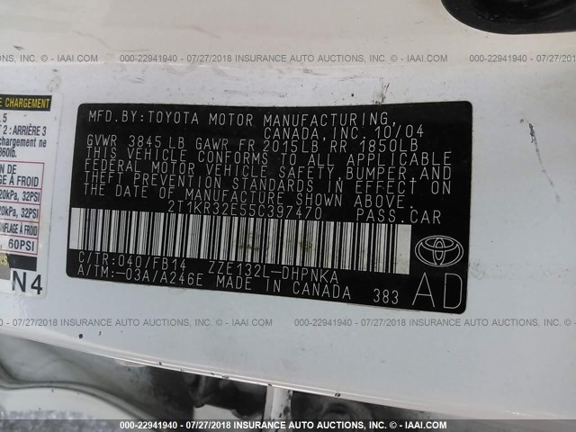 2T1KR32E55C397470 - 2005 TOYOTA COROLLA MATRIX XR WHITE photo 9