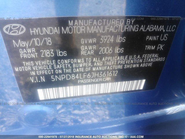 5NPD84LF6JH361612 - 2018 HYUNDAI ELANTRA SEL/VALUE/LIMITED BLUE photo 9