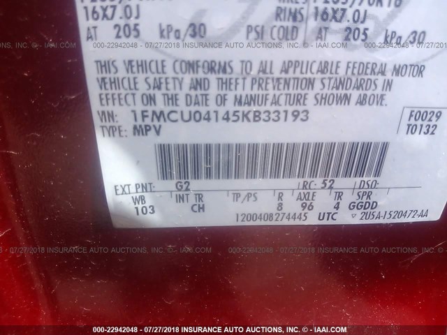 1FMCU04145KB33193 - 2005 FORD ESCAPE LIMITED RED photo 9