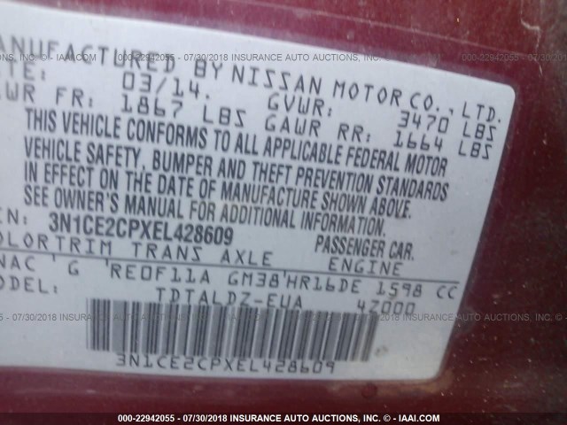 3N1CE2CPXEL428609 - 2014 NISSAN VERSA NOTE S/S PLUS/SV/SL RED photo 9