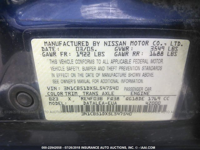 3N1CB51DX5L547540 - 2005 NISSAN SENTRA 1.8/1.8S Dark Blue photo 9