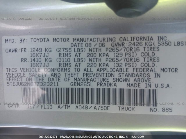 5TEJU62N67Z323211 - 2007 TOYOTA TACOMA DOUBLE CAB PRERUNNER SILVER photo 9