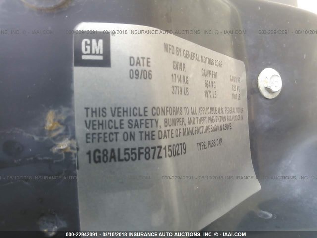 1G8AL55F87Z150279 - 2007 SATURN ION LEVEL 3 SILVER photo 9