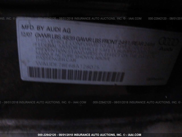 WAUDF78E68A128075 - 2008 AUDI A4 2.0T QUATTRO BLACK photo 9