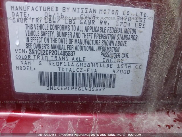 3N1CE2CP2GL405537 - 2016 NISSAN VERSA NOTE S/S PLUS/SV/SL/SR RED photo 9