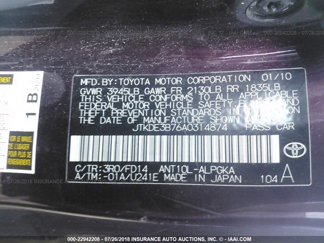JTKDE3B76A0314874 - 2010 TOYOTA SCION TC 紫色 照片 9