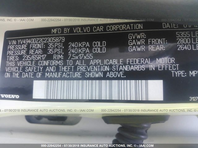 YV4940DZ2C2305879 - 2012 VOLVO XC60 3.2 WHITE photo 9